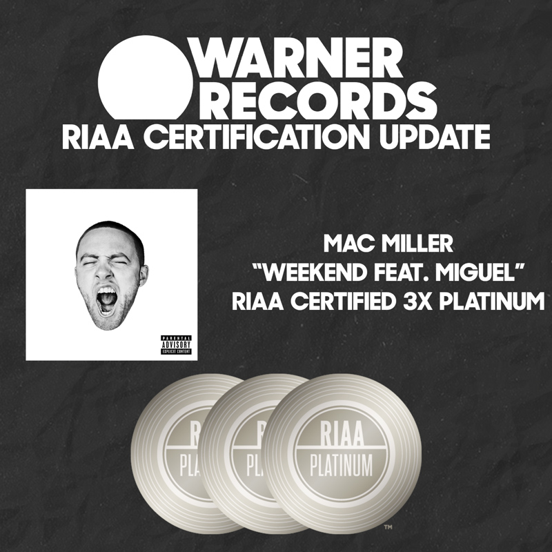 Mac Miller "Weekend feat. Miguel" Certified 3x Platinum